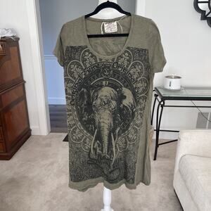 Sure Design Sz M 3rd Eye Spiritual Protection T Shirt Dress Green Elephant Scoop